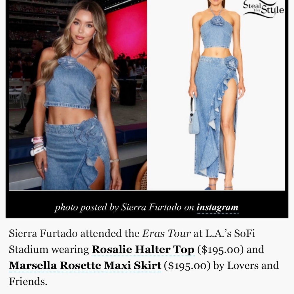New Chelsea & Violet Blue Denim Maxi Skirt with Floral Detail